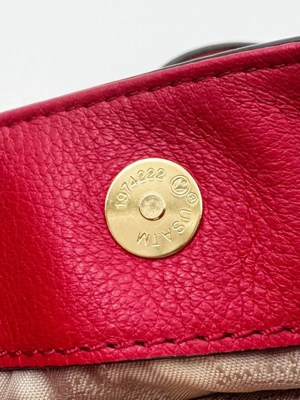 Michael Kors Red Leather Chain Shoulder Bag Gold Tone MK Charm Tote
